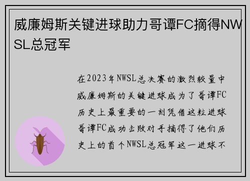 威廉姆斯关键进球助力哥谭FC摘得NWSL总冠军 威廉姆斯关键进球助力哥谭FC摘得NWSL总冠军